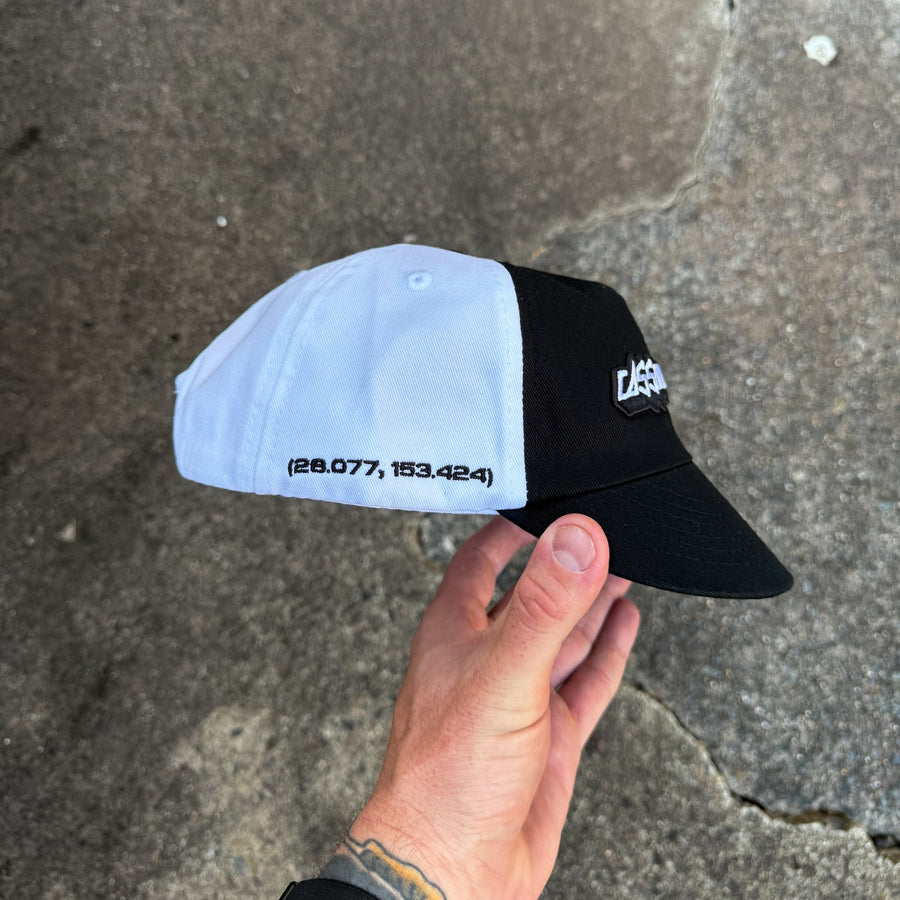 Cassowary Drive 2 Tone Short Brim Hat — white side panel with 28.077, 153.424 coordinates embroidery