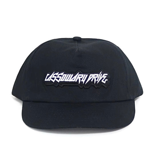 Cassowary Drive Short Brim Logo Hat in black — side profile with embroidered logo