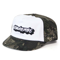 Cassowary Drive V2 Camo Short Brim — three quarter view showing embroidered front logo and camo brim